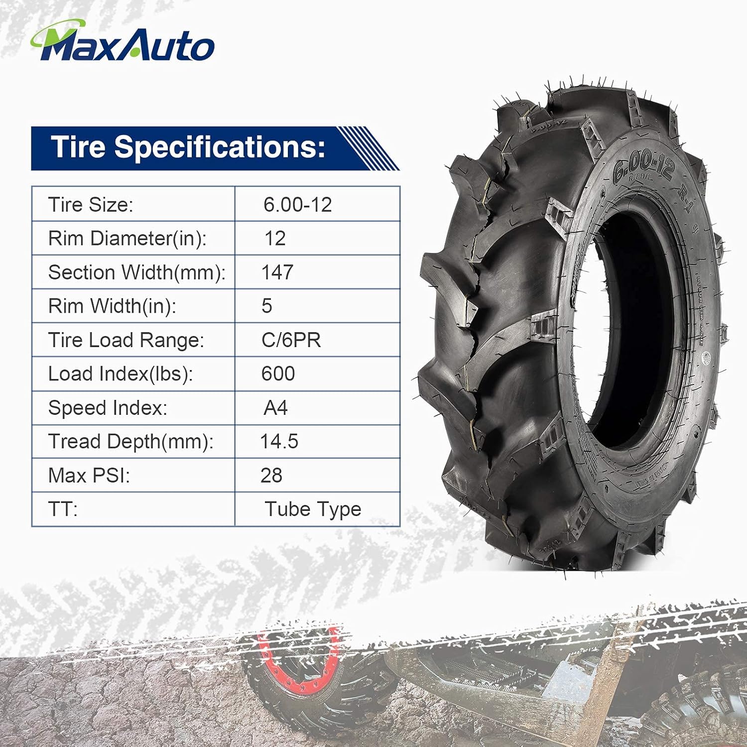 MaxAuto Farm Tractor Tire 6.00-12 Replace Kubota 7100 Series H167,2Pcs - Image 4