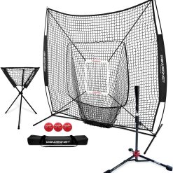 PowerNet 7×7 DLX Practice Net + Deluxe Tee + Ball Caddy + Weighted Balls + Strike Zone Bundle | Baseball Softball Training Equipment